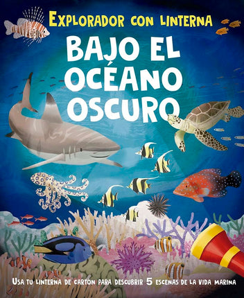 Explorador con linterna. Bajo el océano oscuro