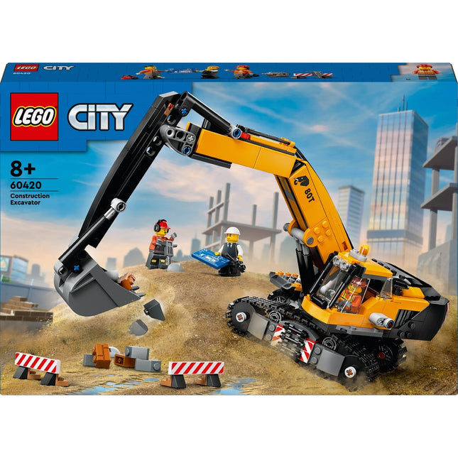 City. Yellow construction excavator